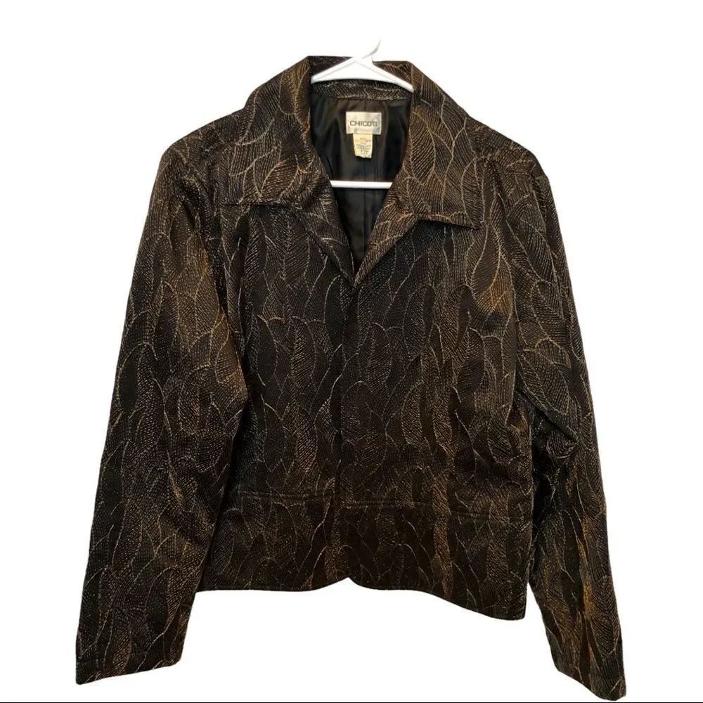 Chicos Jacket dressy black and brown shiny lined lapel collar Size 2
